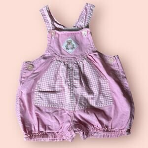 Vtg Baby Girl Bubble Romper Summer Pink Plaid Gingham Bear Shortalls 6-9 Months